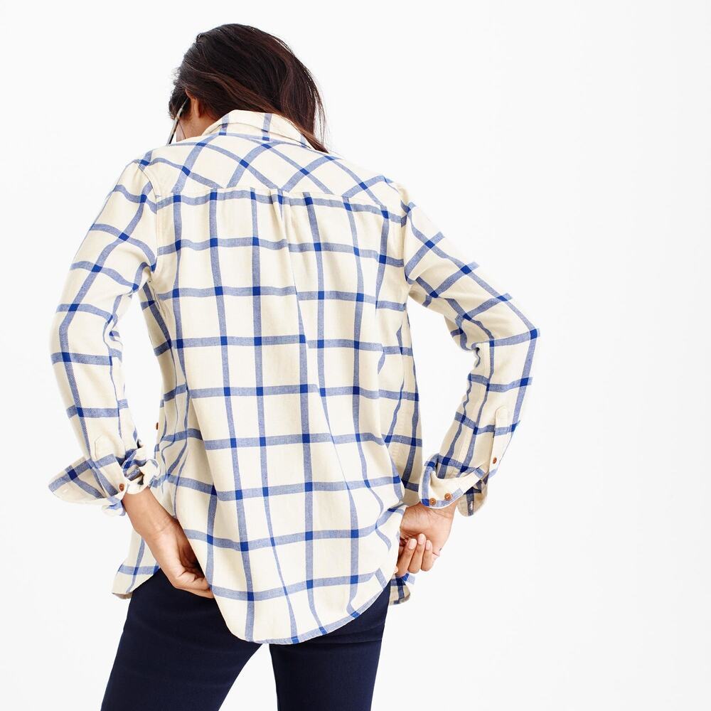 Women’s J. Crew Cream and Blue Flannel Boxy Fit Button Down Top Summer Preppy